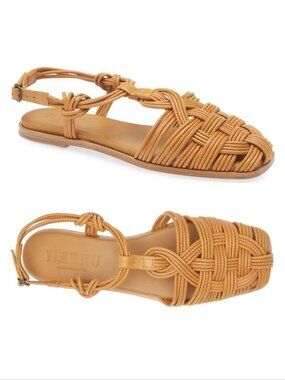 HEREU Mantella Strappy Fisherman Flat Sandals EU 38 7.5 Camel Brown Leather NEW